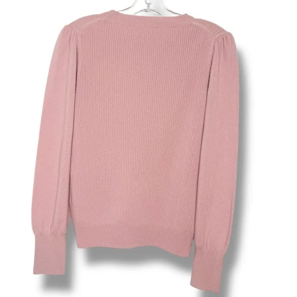 REBECCA TAYLOR 100% Cashmere Sweater Crew Neck Puff Sleeve Ribbed Pink Size L